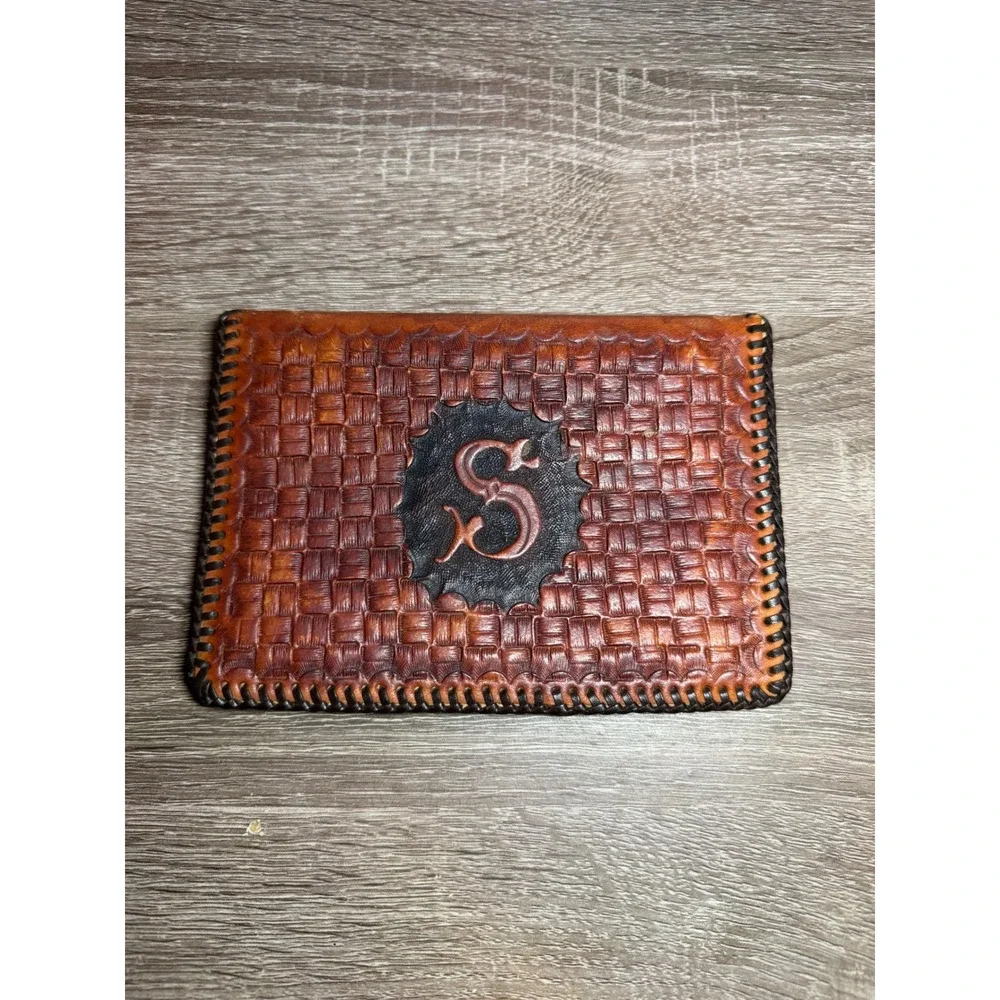 Leather Wallet or Planner Tooled Basketweave Monogram S Brown